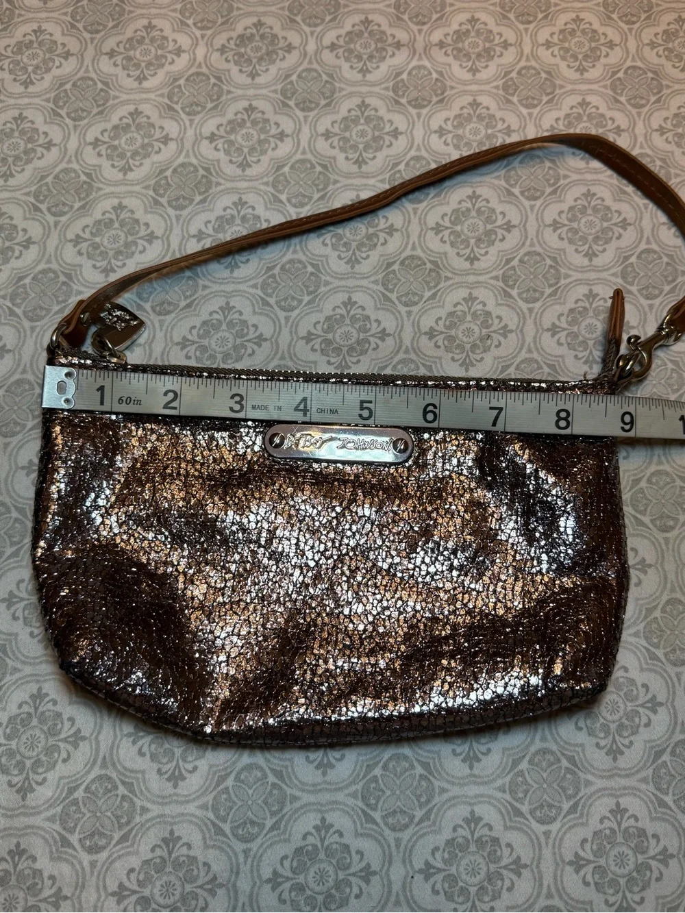Betsey Johnson Metallic Silver/Gold Wristlet with Tan Strap